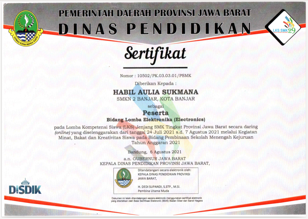 Sertifikat Lomba Electronic Application - LKS Provinsi Provinsi Jawa Barat 2021